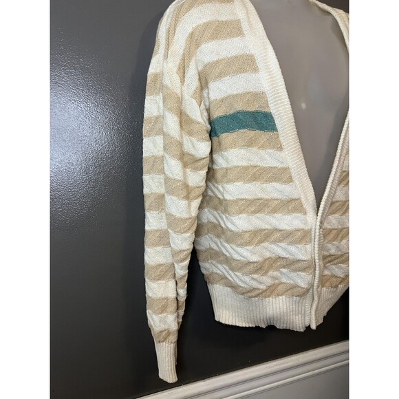 Vintage Daniel Hechter Sweater Mens Small Beige White Stripe Cardigan Teal 80s - Picture 2 of 8